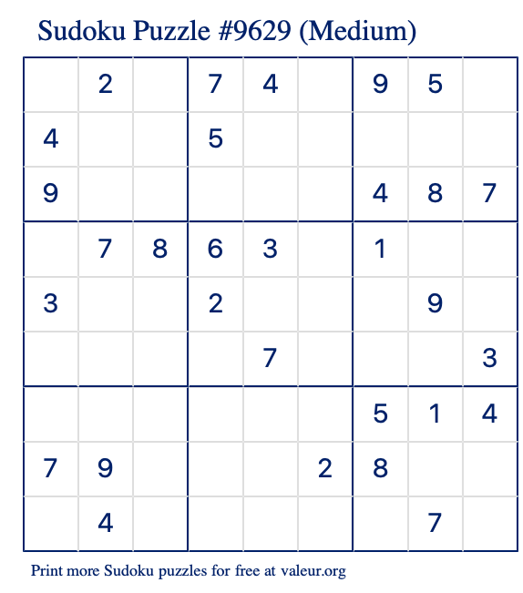 Free Printable Medium Sudoku Puzzle number 9629