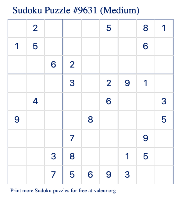 Free Printable Medium Sudoku Puzzle number 9631