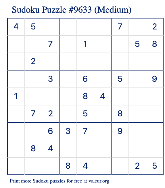 Free Printable Medium Sudoku Puzzle number 9633