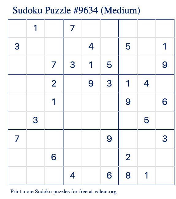 Free Printable Medium Sudoku Puzzle number 9634