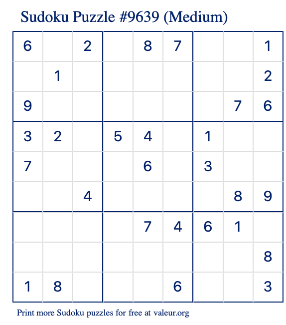 Free Printable Medium Sudoku Puzzle number 9639