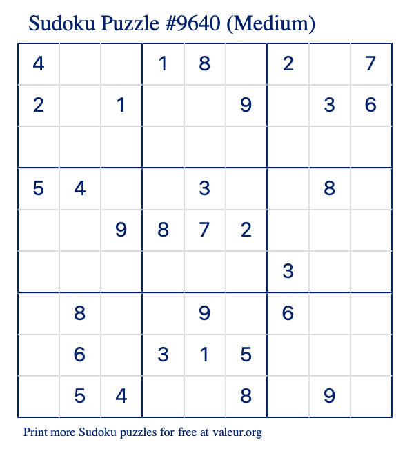 Free Printable Medium Sudoku Puzzle number 9640