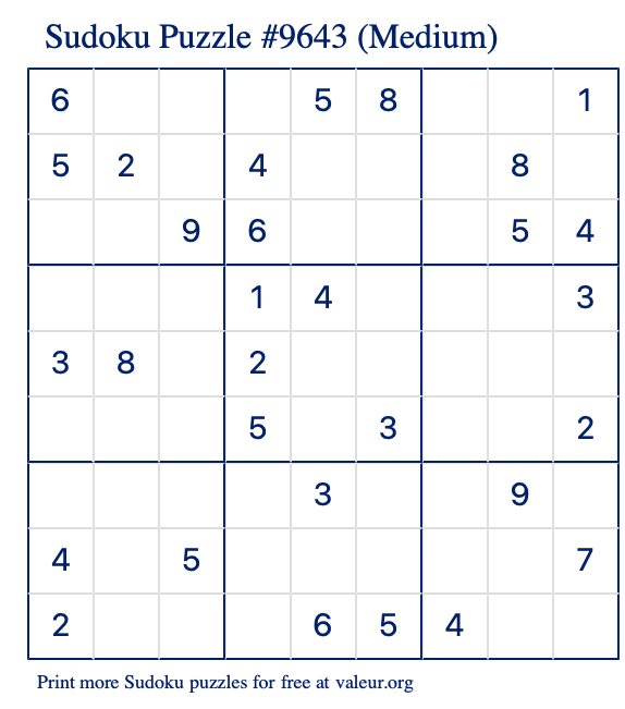 Free Printable Medium Sudoku Puzzle number 9643