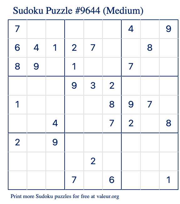Free Printable Medium Sudoku Puzzle number 9644