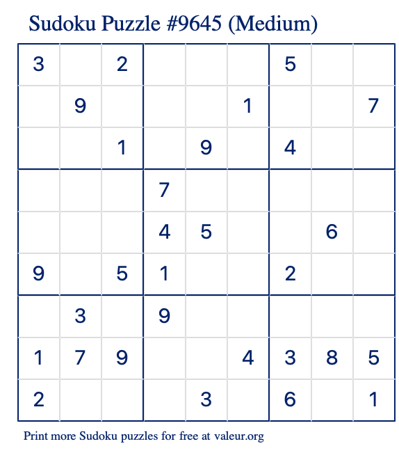 Free Printable Medium Sudoku Puzzle number 9645