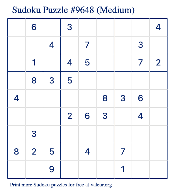 Free Printable Medium Sudoku Puzzle number 9648