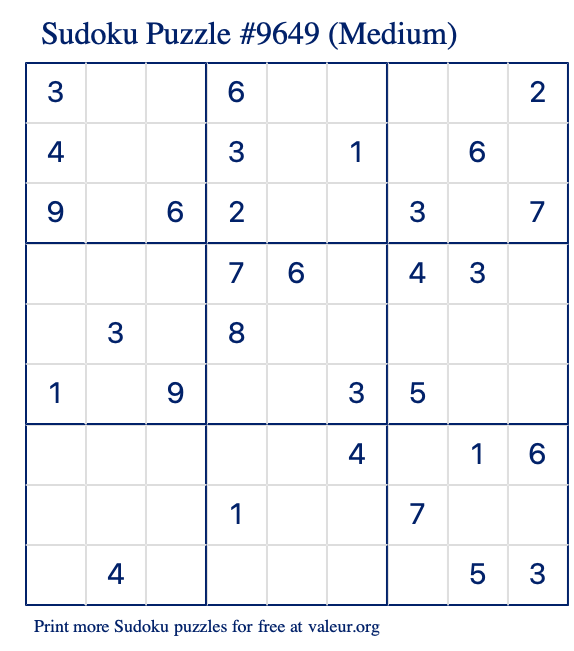 Free Printable Medium Sudoku Puzzle number 9649