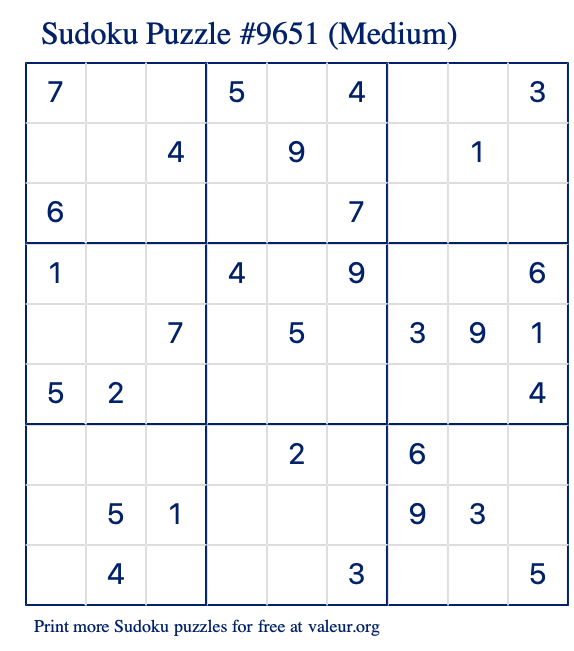 Free Printable Medium Sudoku Puzzle number 9651