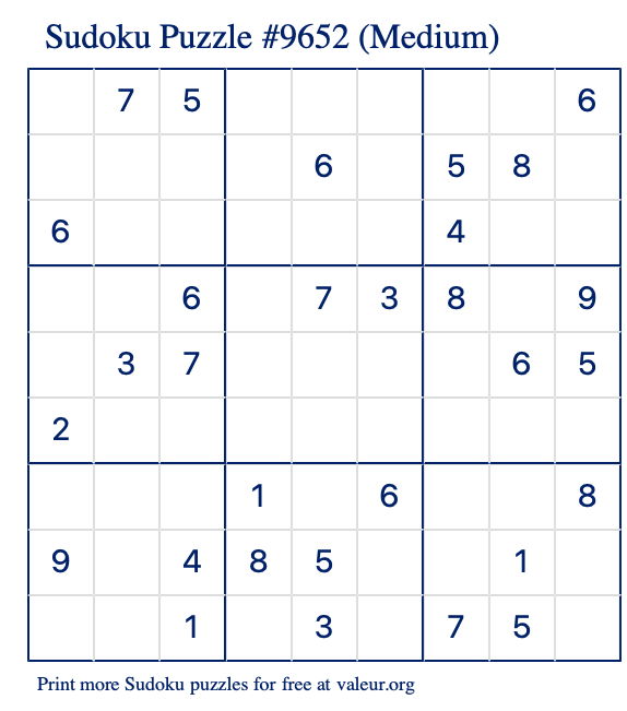 Free Printable Medium Sudoku Puzzle number 9652