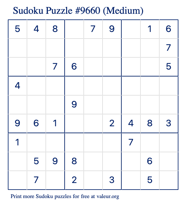 Free Printable Medium Sudoku Puzzle number 9660