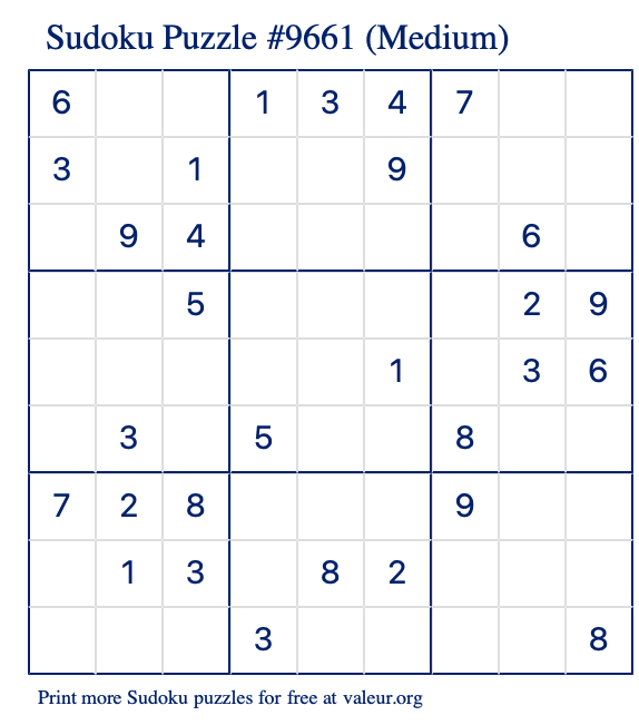 Free Printable Medium Sudoku Puzzle number 9661