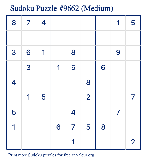 Free Printable Medium Sudoku Puzzle number 9662