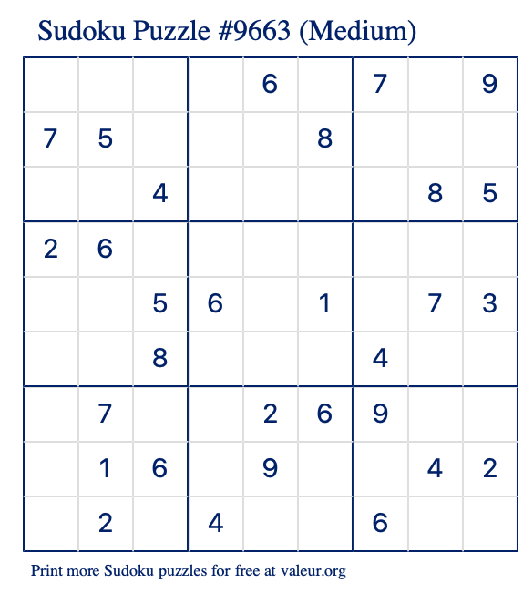 Free Printable Medium Sudoku Puzzle number 9663