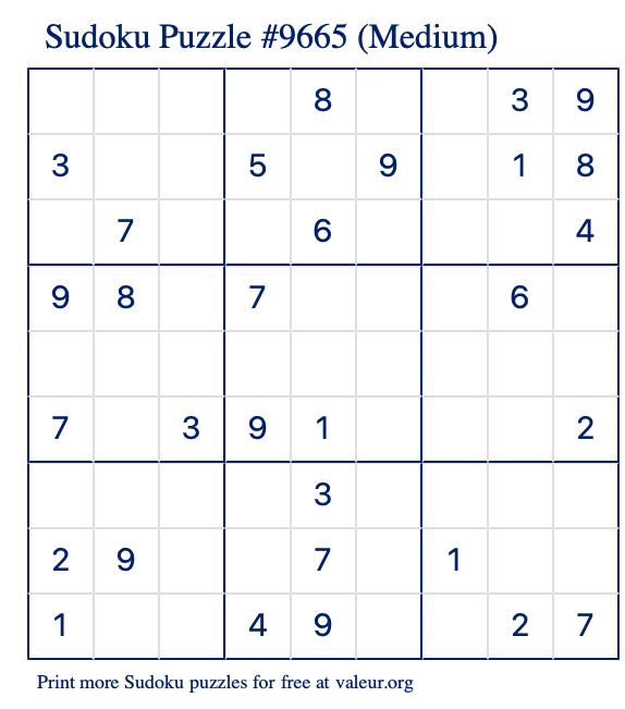 Free Printable Medium Sudoku Puzzle number 9665