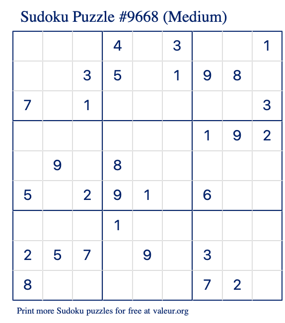 Free Printable Medium Sudoku Puzzle number 9668