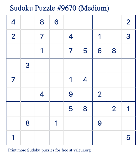 Free Printable Medium Sudoku Puzzle number 9670