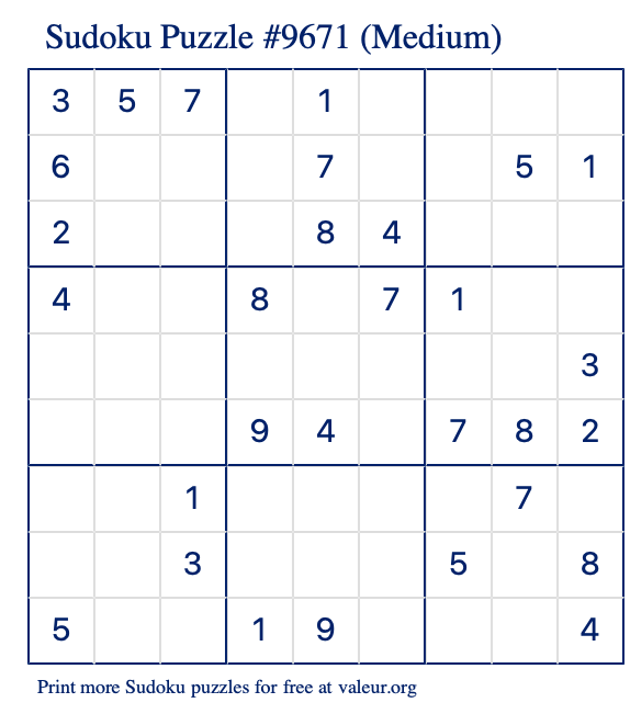 Free Printable Medium Sudoku Puzzle number 9671