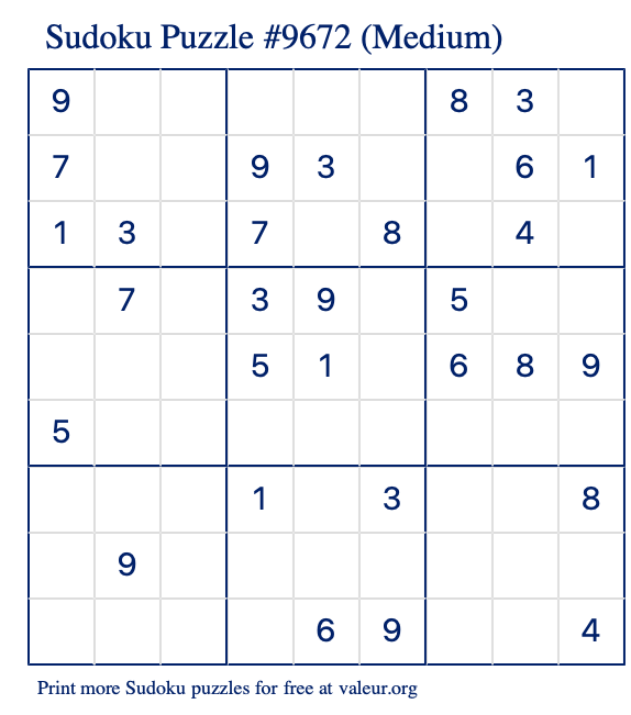 Free Printable Medium Sudoku Puzzle number 9672