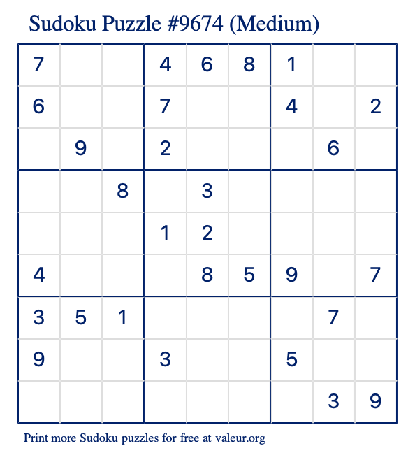 Free Printable Medium Sudoku Puzzle number 9674