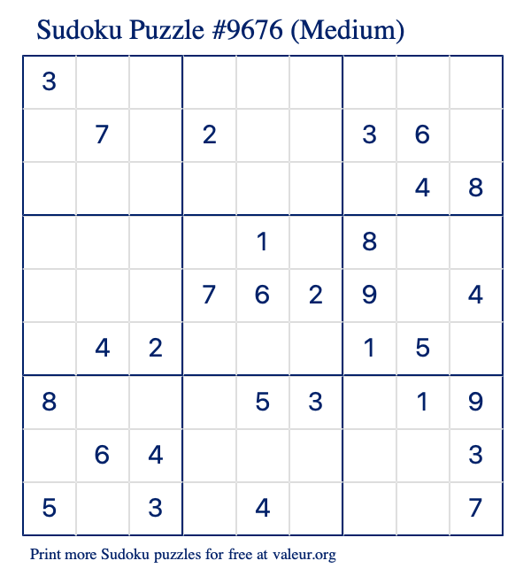 Free Printable Medium Sudoku Puzzle number 9676