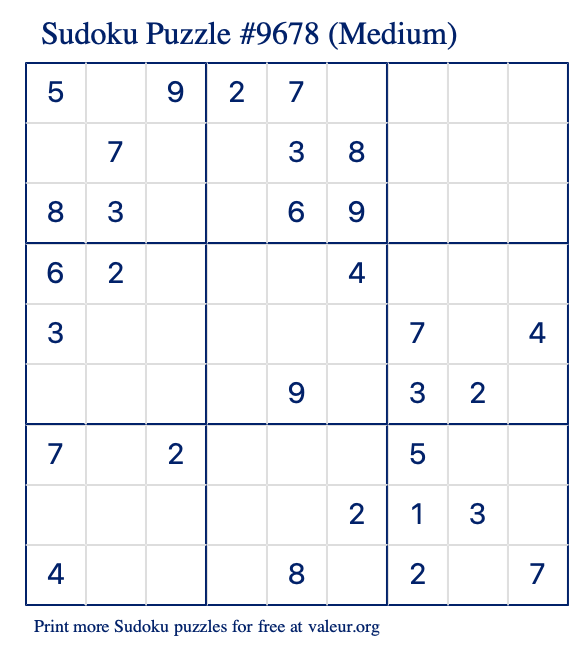 Free Printable Medium Sudoku Puzzle number 9678