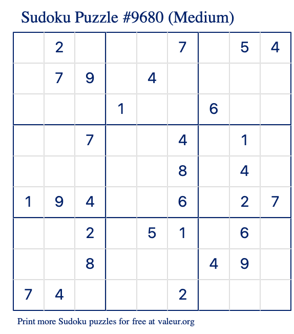 Free Printable Medium Sudoku Puzzle number 9680