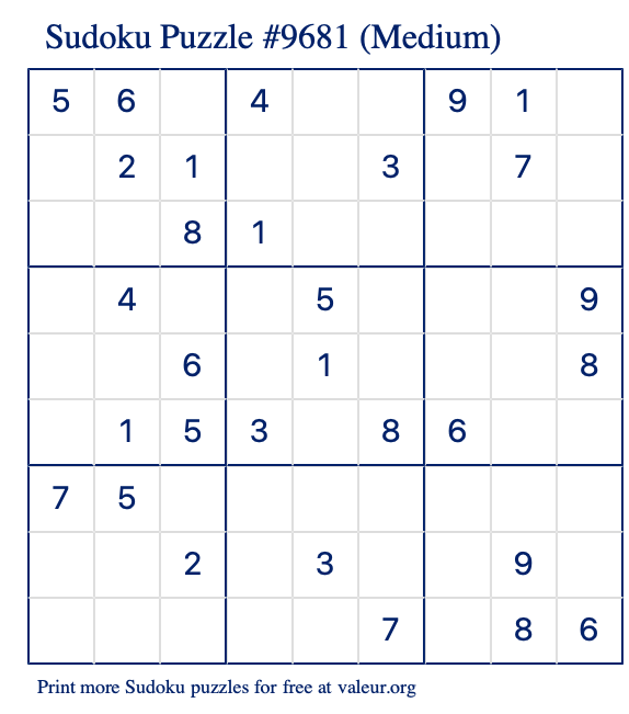 Free Printable Medium Sudoku Puzzle number 9681