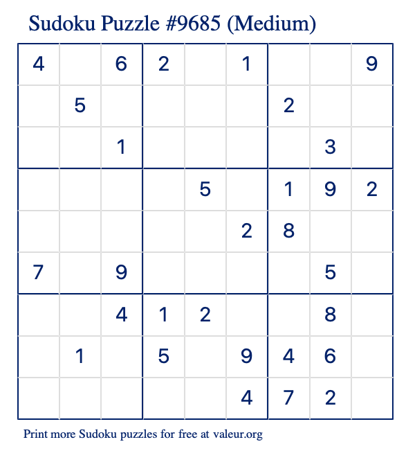 Free Printable Medium Sudoku Puzzle number 9685