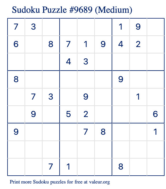 Free Printable Medium Sudoku Puzzle number 9689