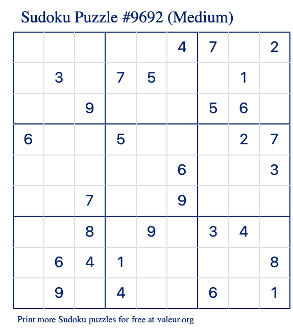 Free Printable Medium Sudoku Puzzle number 9692