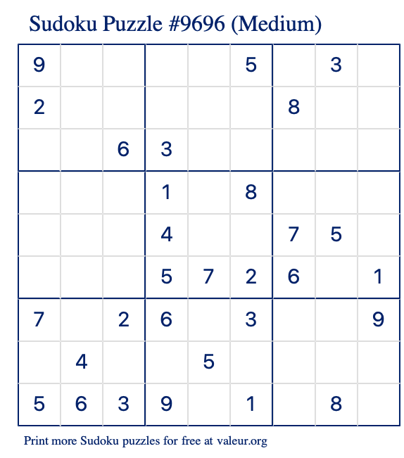 Free Printable Medium Sudoku Puzzle number 9696