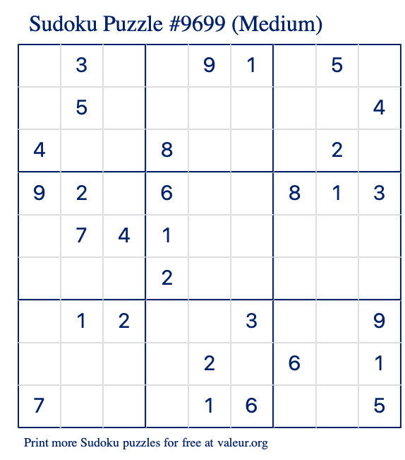 Free Printable Medium Sudoku Puzzle number 9699