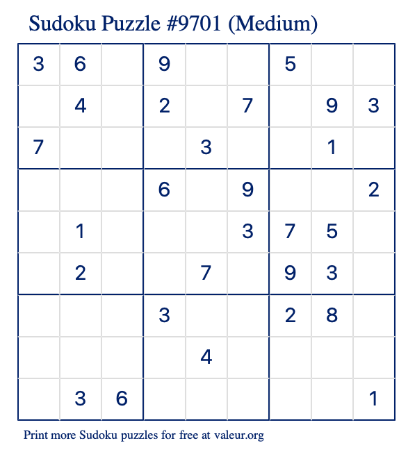 Free Printable Medium Sudoku Puzzle number 9701