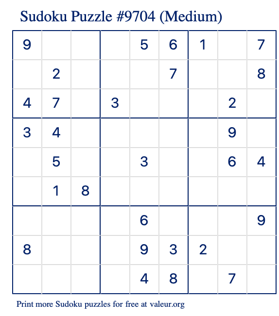 Free Printable Medium Sudoku Puzzle number 9704