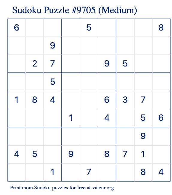 Free Printable Medium Sudoku Puzzle number 9705