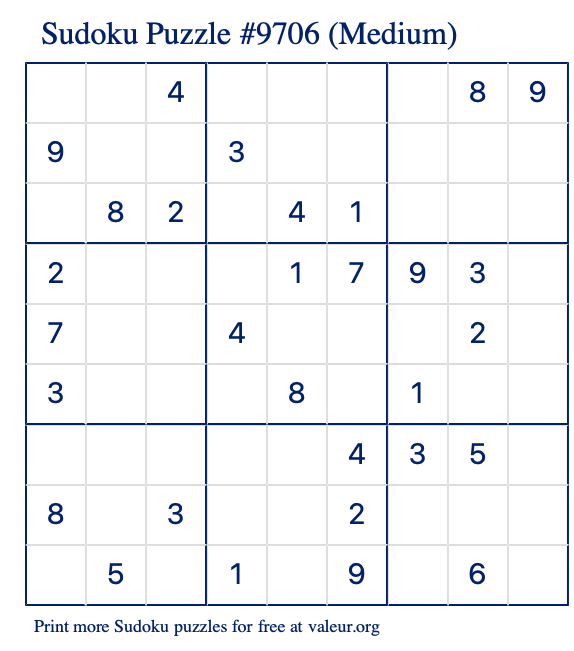 Free Printable Medium Sudoku Puzzle number 9706