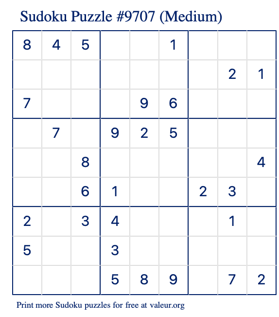 Free Printable Medium Sudoku Puzzle number 9707