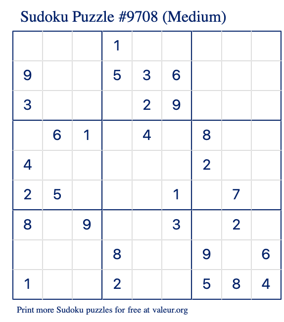 Free Printable Medium Sudoku Puzzle number 9708