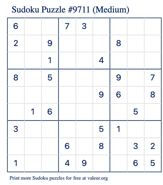 Free Printable Medium Sudoku Puzzle number 9711