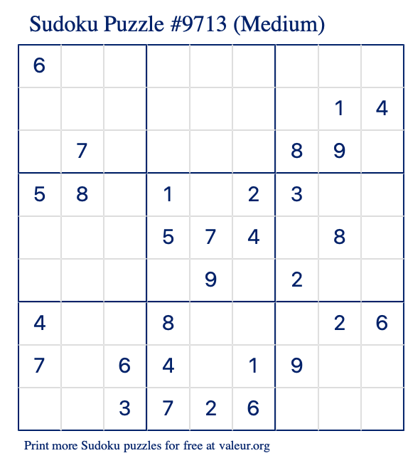 Free Printable Medium Sudoku Puzzle number 9713