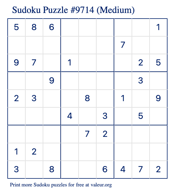 Free Printable Medium Sudoku Puzzle number 9714