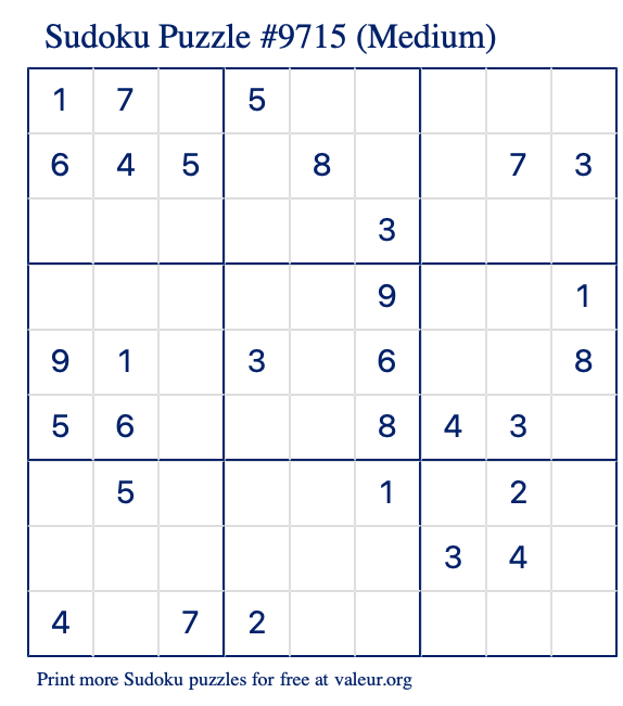 Free Printable Medium Sudoku Puzzle number 9715