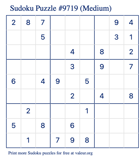 Free Printable Medium Sudoku Puzzle number 9719