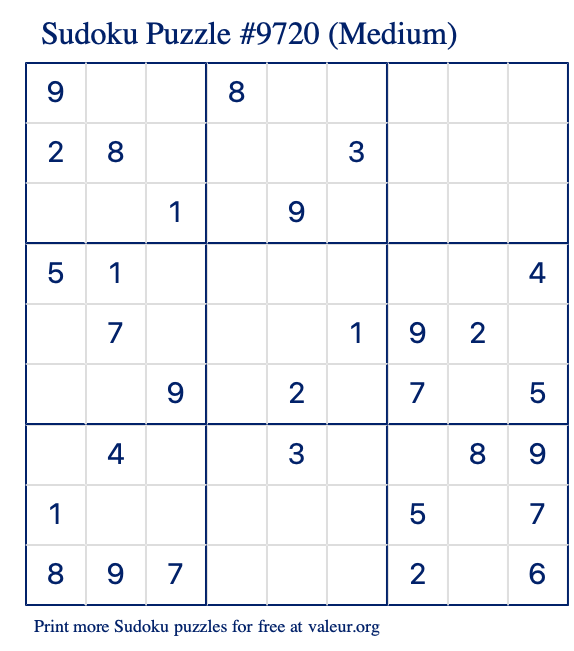 Free Printable Medium Sudoku Puzzle number 9720