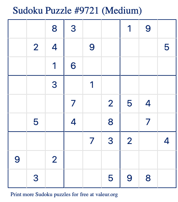 Free Printable Medium Sudoku Puzzle number 9721