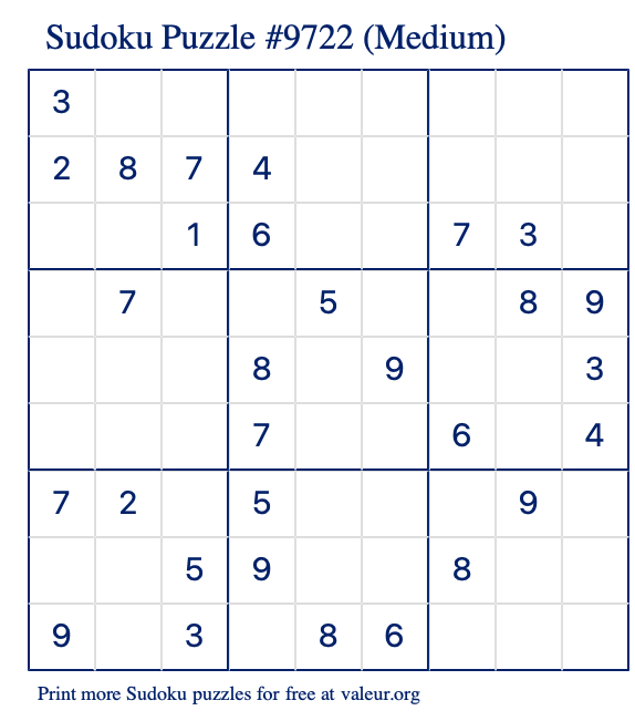 Free Printable Medium Sudoku Puzzle number 9722