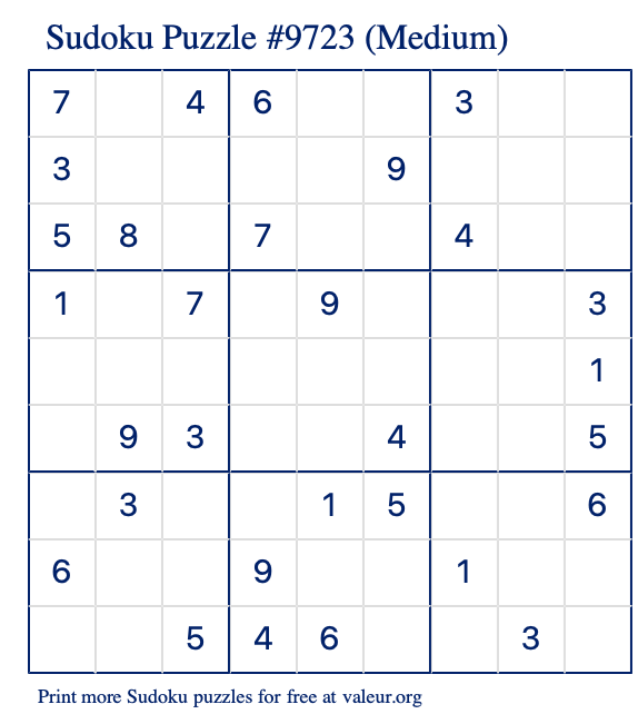 Free Printable Medium Sudoku Puzzle number 9723