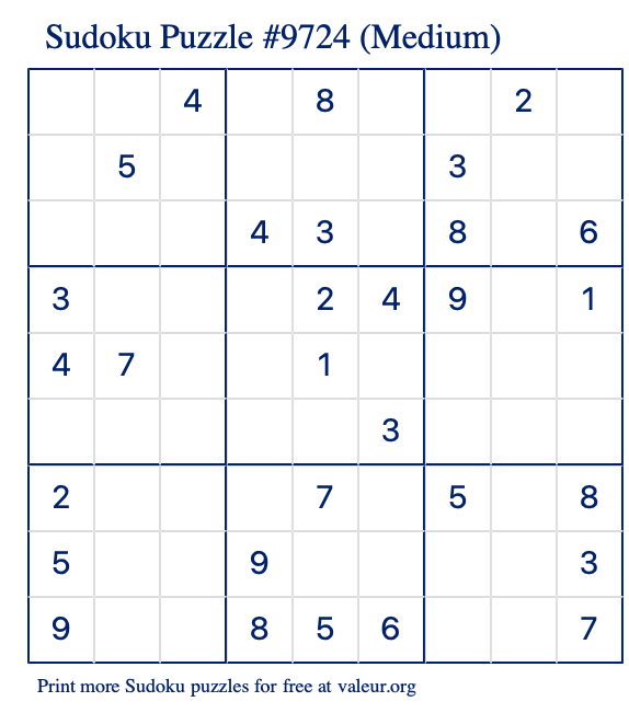 Free Printable Medium Sudoku Puzzle number 9724