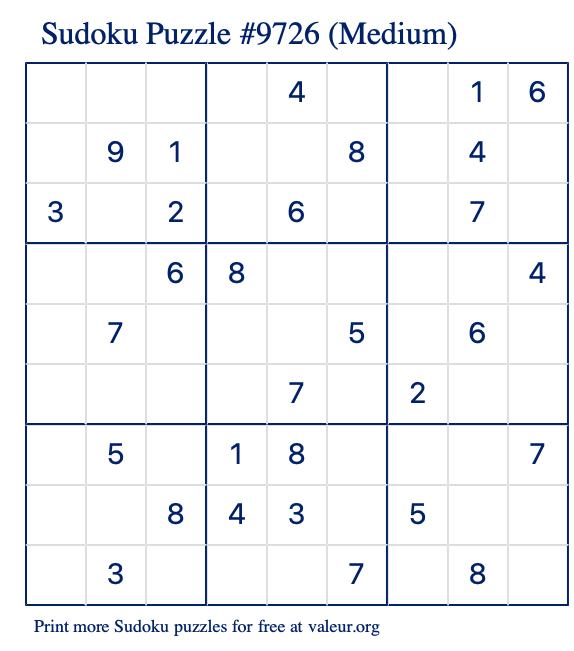 Free Printable Medium Sudoku Puzzle number 9726