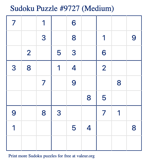 Free Printable Medium Sudoku Puzzle number 9727